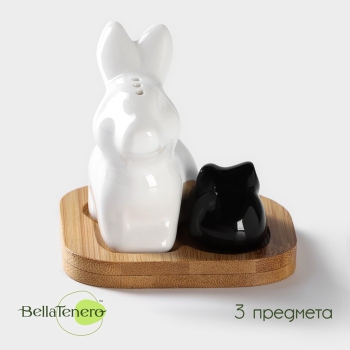 Набор фарфоровый для специй на бамбуковой подставке BellaTenero «Зайцы», 3 предмета: солонка 50 мл, перечница 20 мл, подставка, белый, чёрный