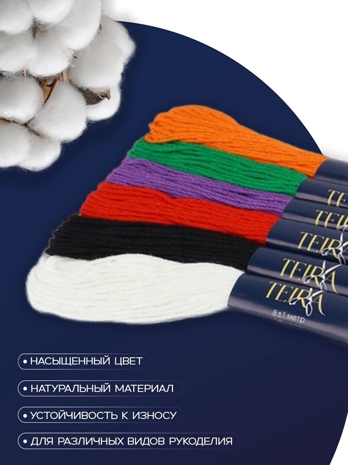 Нитки мулине TEIRA, 8±1 м, набор 6 шт., хлопок, разноцветные (Цена за 3 шт.)