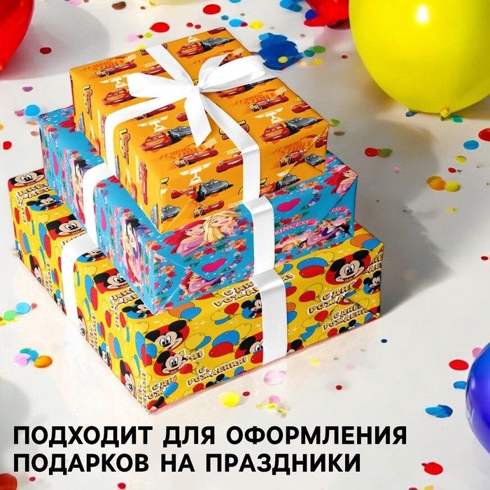 Бумага упаковочная, 70×100 см, 3 листа, Тачки, Принцессы, Микки Маус