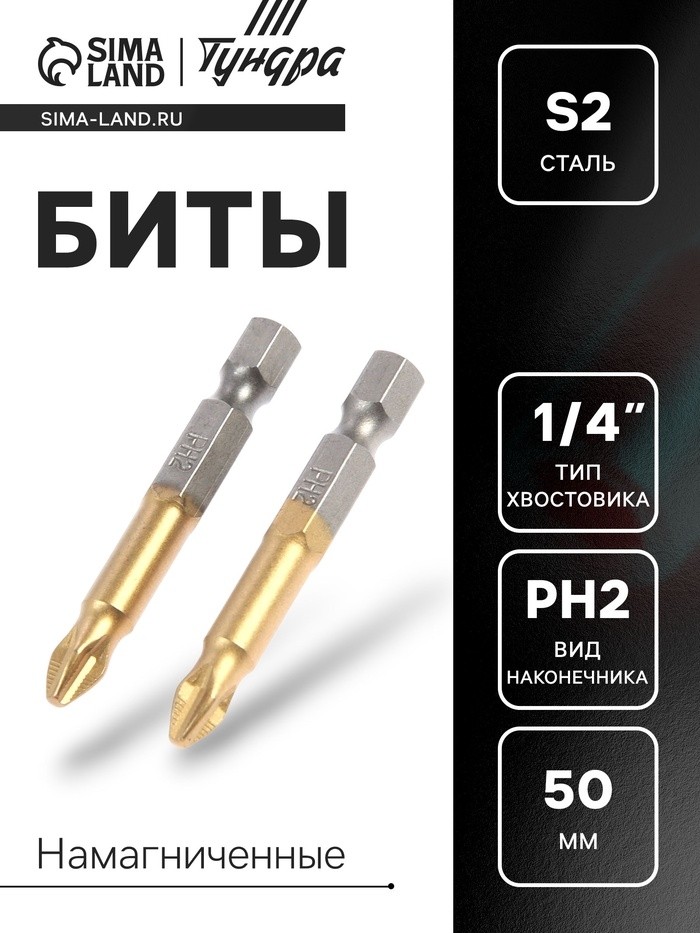 Биты ТУНДРА, намагниченные, сталь S2, 58-60 HRC, TiN, PH2 х 50 мм, 2 шт.
