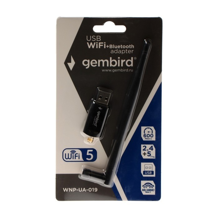 Адаптер Wi-Fi+Bluetooth Gembird WNP-UA-019, 600 Mbps, USB, двухдиапазонный, антенна, чёрный