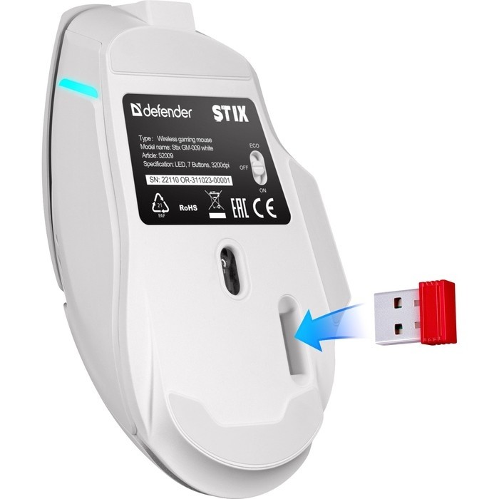 Мышь Defender Stix GM-009, беспроводная, оптическая, 3200 dpi, 500 мАч,7 кнопок USB,белая
