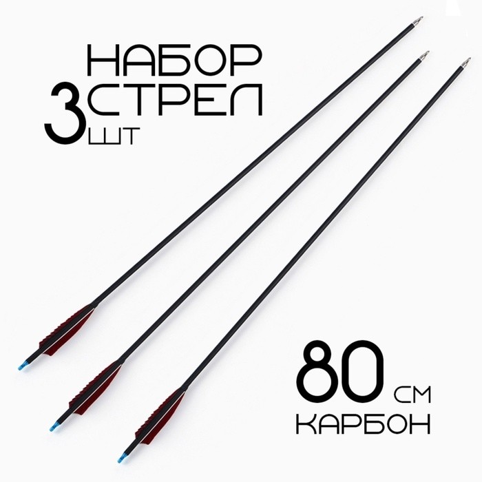 Набор стрел для лука 3 шт., карбон, черная, оперение - красное, 80 см