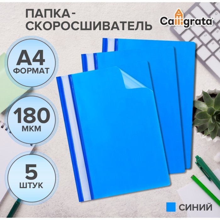 Набор папок-скоросшивателей А4, 5 штук, Calligrata, 180 мкм, с прозрачным верхом, синий (Цена за 2 шт.)