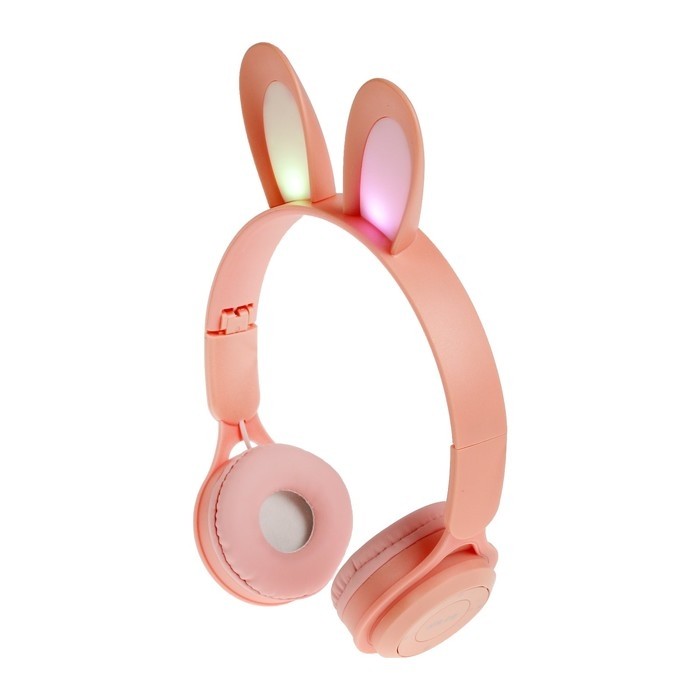 Наушники детские, беспроводные, накладные, с ушками зайца, Y08R, Bluetooth 5.1, с микрофоном, с подсветкой, 400 мАч, розовые