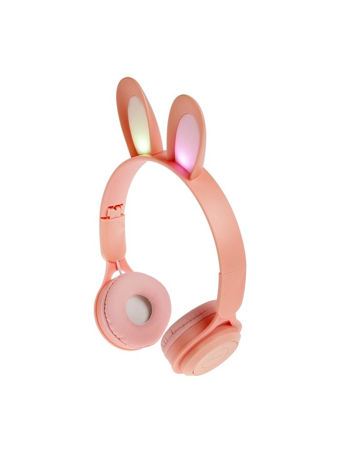 Наушники детские, беспроводные, накладные, с ушками зайца, Y08R, Bluetooth 5.1, с микрофоном, с подсветкой, 400 мАч, розовые