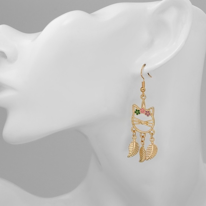 Серьги с эмалью «Кошка» с листьями, цветные в серебре