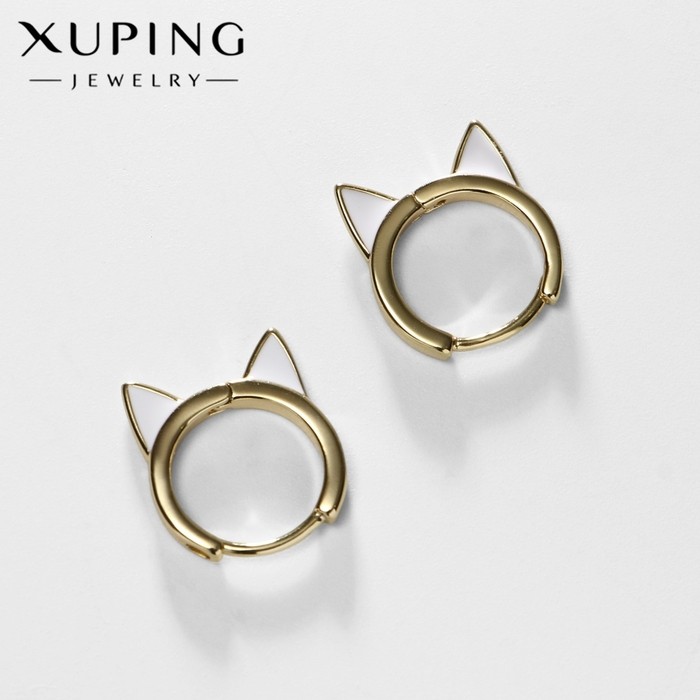 Серьги-кольца XUPING кошечка, белые в золоте, d=1.6 см