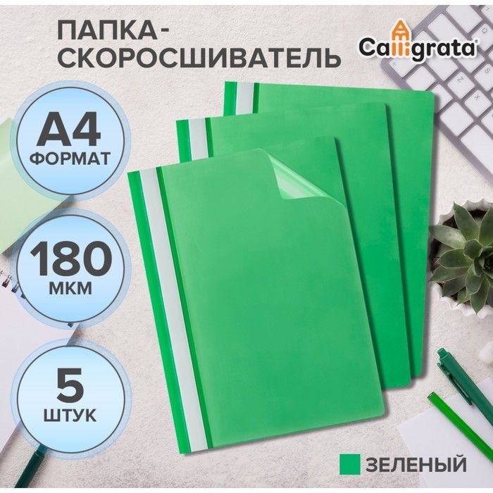 Набор папок-скоросшивателей А4, 5 штук, Calligrata, 180 мкм, с прозрачным верхом, зелёный (Цена за 2 шт.)