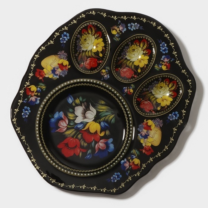 Подставка для яиц Доляна «Жостовская роспись», 3 ячейки, 21×18 см, стекло, чёрная