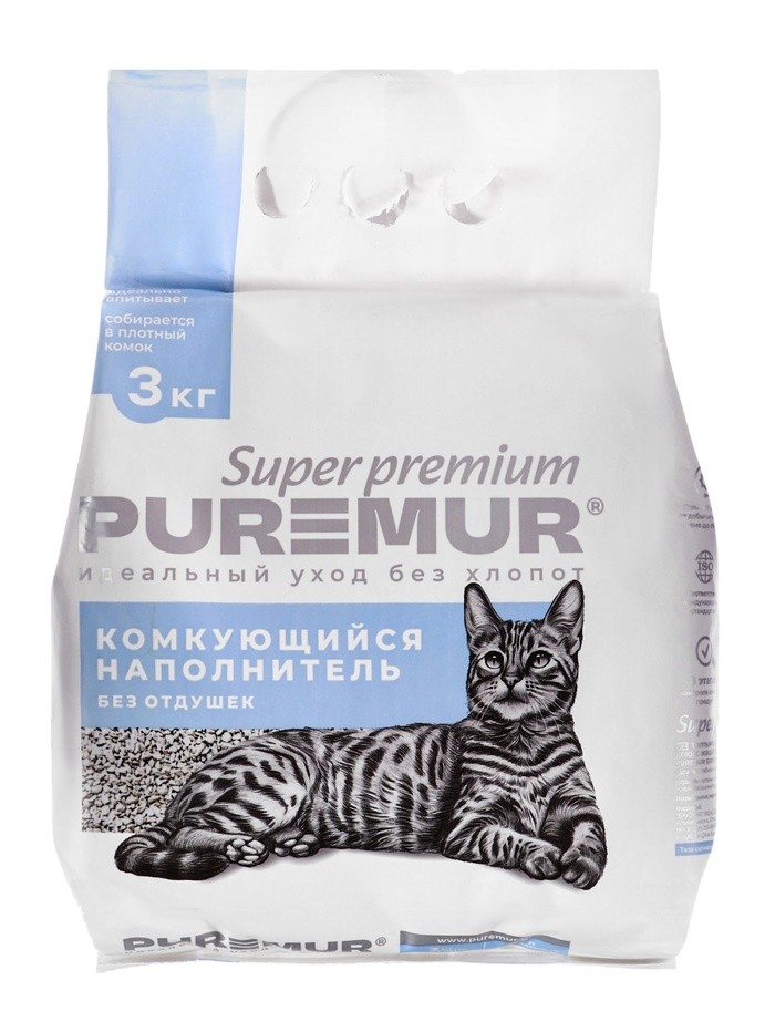 Наполнитель минеральный комкующийся PureMur Super premium 3 кг,пластиковый пакет