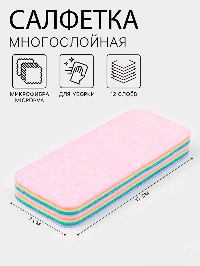 Салфетка многослойная для уборки из микрофибры MicroPVA, 17×7 см, 12 слоев