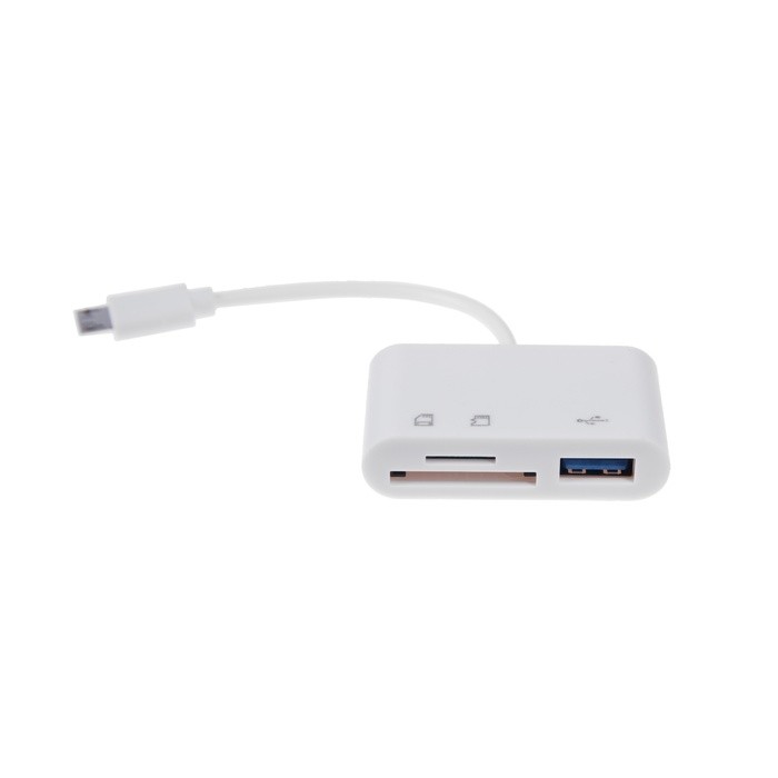 Картридер-OTG Luazon LNCR-099, адаптер MicroUSB, разъемы USB, microSD, SD, белый