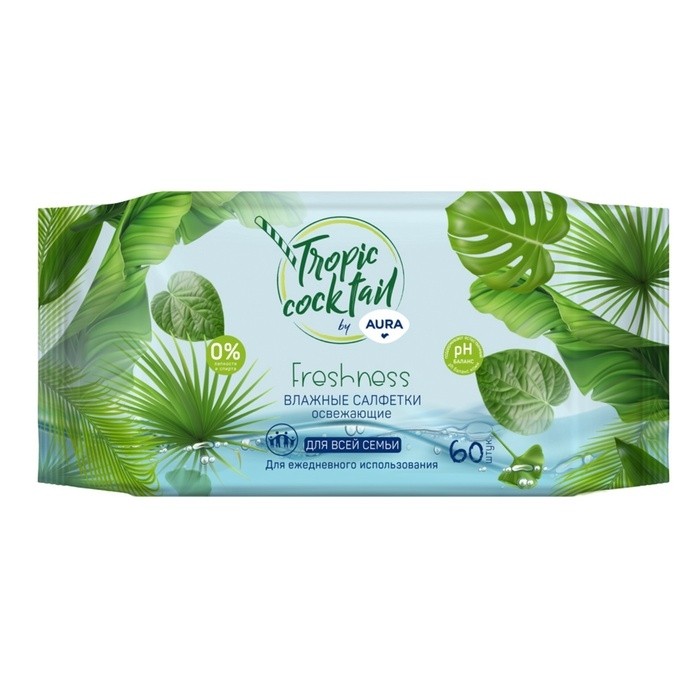 Влажные салфетки Aura Tropic Cocktail, освежающие, МИКС, 60 шт (Цена за 3 шт.)