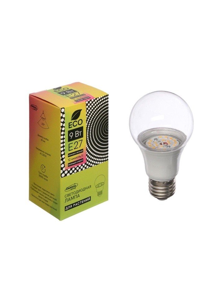 Фитолампа для растений Luazon Lighting, светодиодная, А60, E27, 15 Вт, IP44, 220 В, 270°, полноспектральная