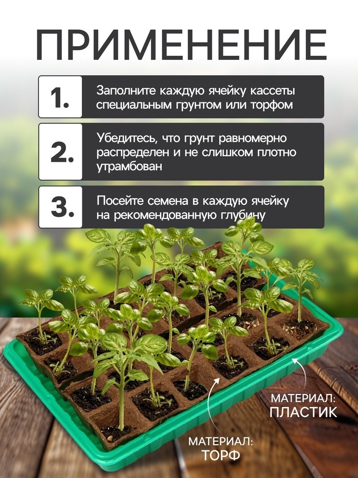 Набор для рассады: торфяная кассета, 24 ячейки по 50 мл, поддон 31×20 см, зелёный, пластик, Экоторф (Цена за 2 шт.)