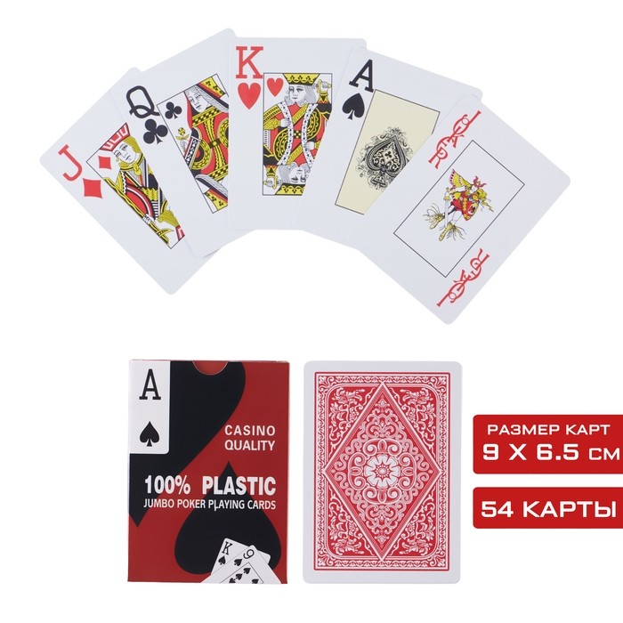 Карты игральные пластиковые, колода 54 шт., 6.5×9 см, красные