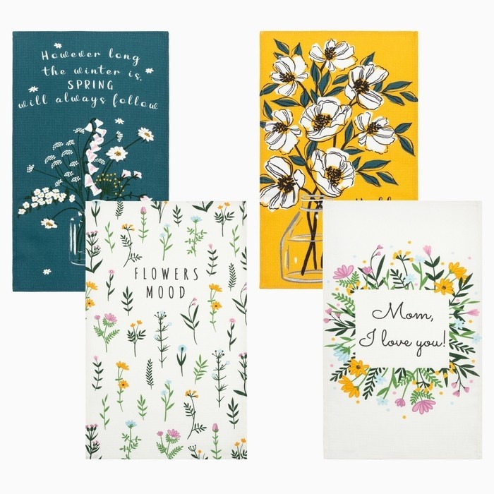 Набор кухонных полотенец Доляна Hello spring, 35×60 см -4 шт., 100% хлопок, вафля 160 г/м²