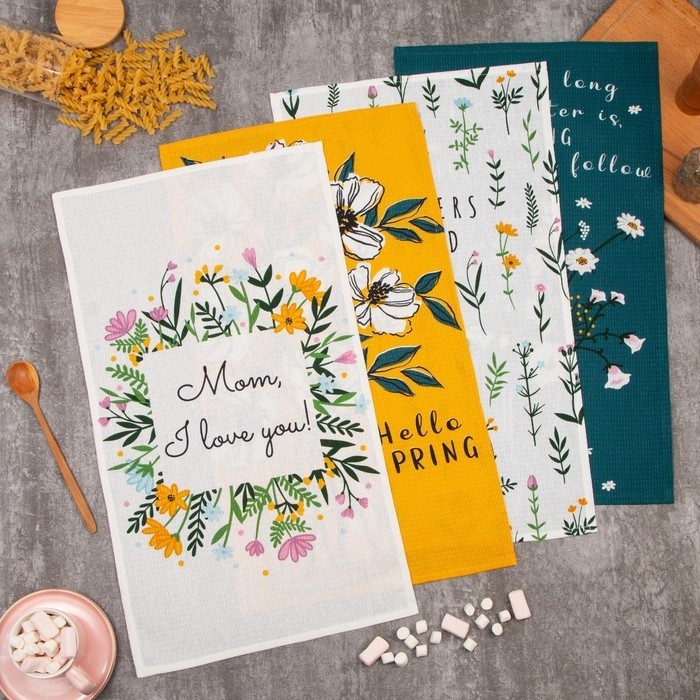 Набор кухонных полотенец Доляна Hello spring, 35×60 см -4 шт., 100% хлопок, вафля 160 г/м²