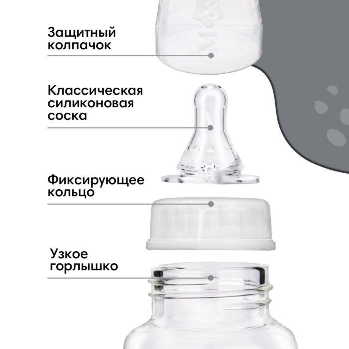 Бутылочка для кормления M&B «Люблю молоко», классическое горло, с ручками, от 0 мес., 150 мл., чёрный