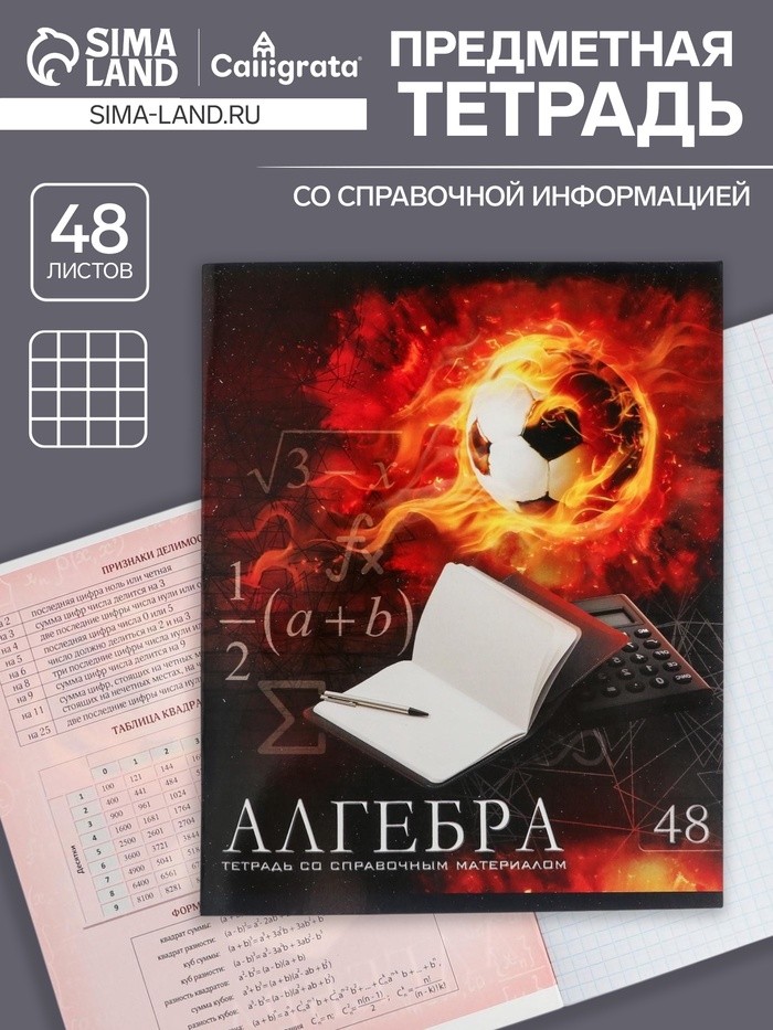 Тетрадь предметная 48 листов в клетку Calligrata, «Футбол. Алгебра», обложка мелованный картон (Цена за 3 шт.)