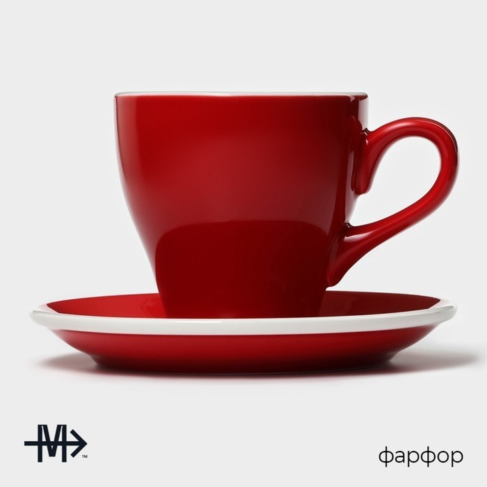 Кофейная пара Magistro Coffee time, 2 предмета: чашка 280 мл, блюдце d=15.5 см, фарфор, красная