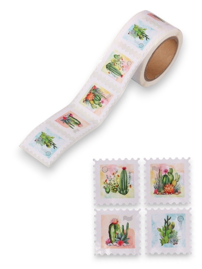 Наклейка бумага "Марки. Кактусы" 3х3 см 200 шт в рулоне (Цена за 2 шт.)