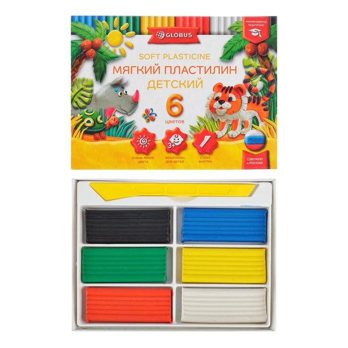Пластилин GLOBUS "Детский", 6 цветов, 90 г, мягкий (Цена за 3 шт.)