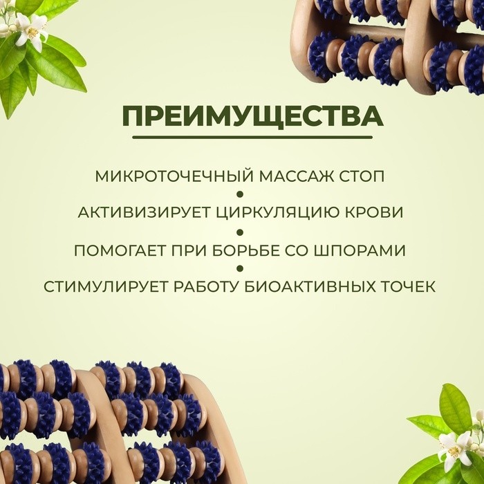 Массажёр для ног «Ножное счастье», 22×20×5.5 см, 5 рядов с шипами, деревянный, синий, бежевый