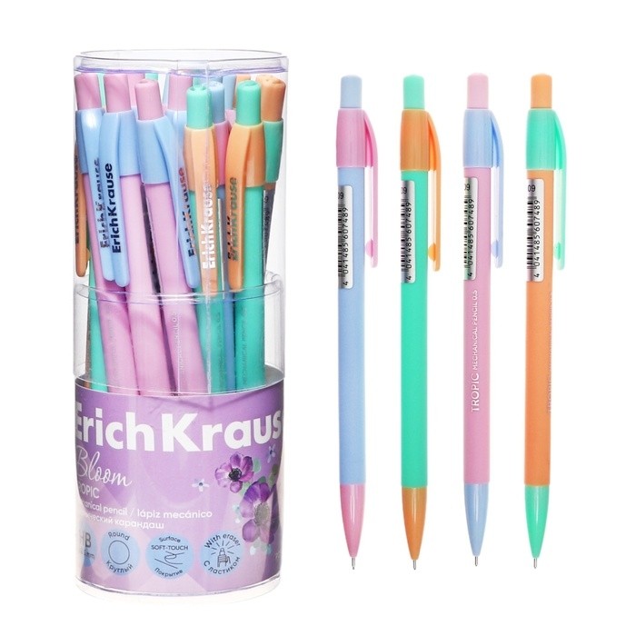 Карандаш механический 0,5 мм ErichKrause "Tropic Pastel Bloom" НВ, с ластиком, круглый корпус Soft-touch, тубус, микс (Цена за 3 шт.)