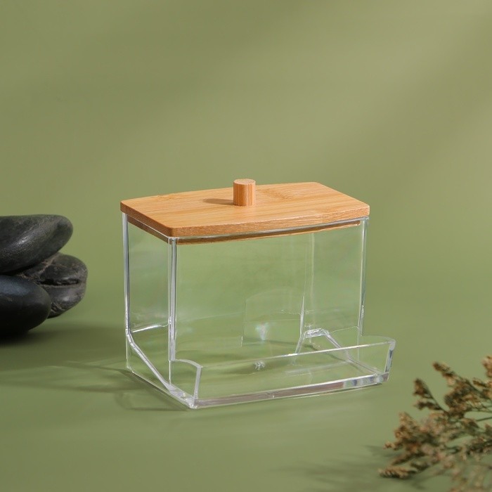 Органайзер для ватных палочек «BAMBOO», с крышкой, 9×7.5×7 см, прозрачный, коричневый