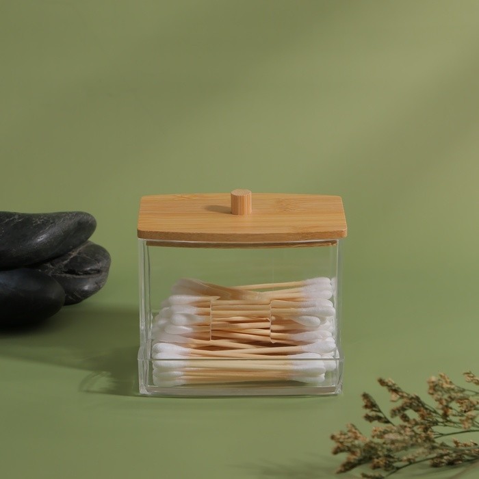 Органайзер для ватных палочек «BAMBOO», с крышкой, 9×7.5×7 см, прозрачный, коричневый