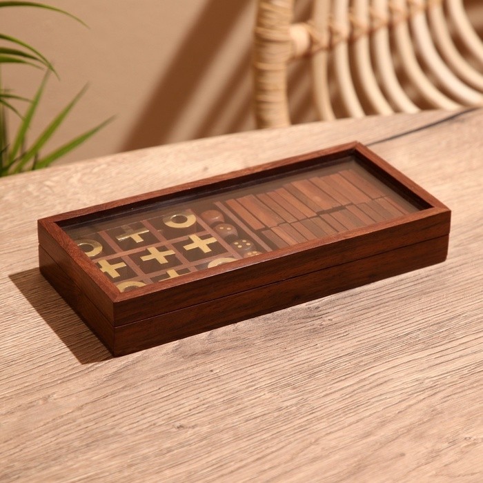 Игра настольная 3 в 1, домино, крестики-нолики, кубики, 23×10.5×3.5 см, дерево шишам