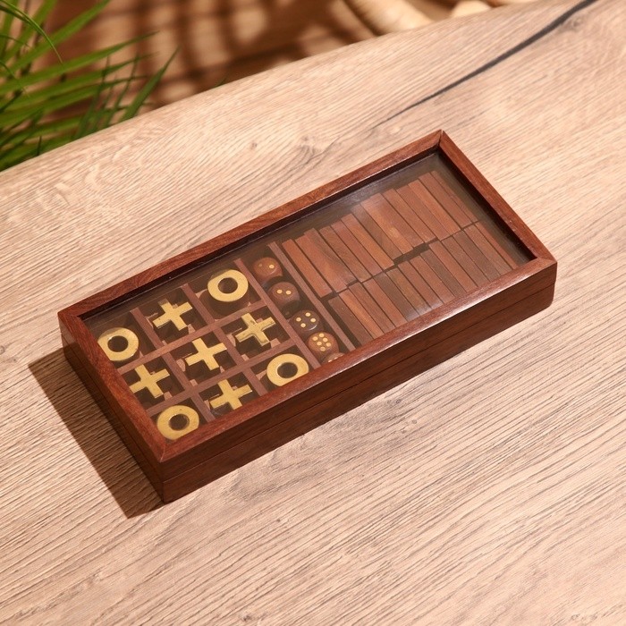 Игра настольная 3 в 1, домино, крестики-нолики, кубики, 23×10.5×3.5 см, дерево шишам