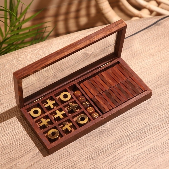 Игра настольная 3 в 1, домино, крестики-нолики, кубики, 23×10.5×3.5 см, дерево шишам