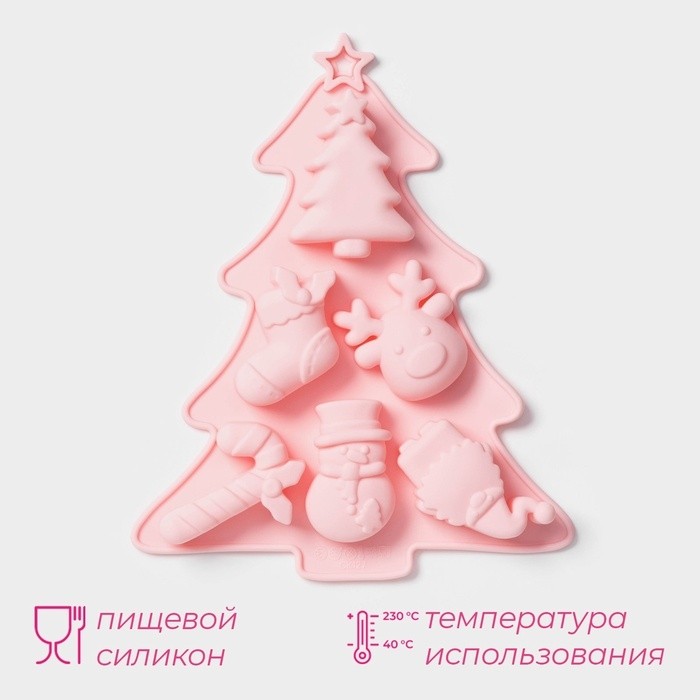 Форма для выпечки новогодняя Доляна «Новогоднее настроение», силикон, 23×19×2.5 см, 6 ячеек, розовая
