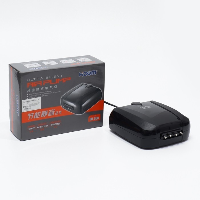 Компрессор Hidom HD-608 для аквариума, бесшумный, с регулировкой, 4 х 2,5 л/м, 10 Вт