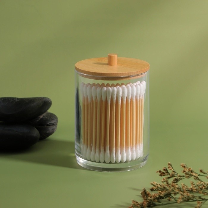 Органайзер для ватных палочек «BAMBOO», с крышкой, d=7×9.5 см, прозрачный, коричневый