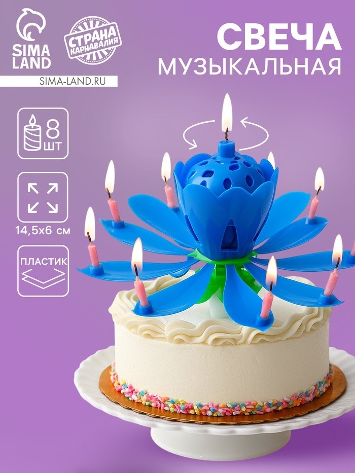 Свеча для торта музыкальная «Тюльпан», крутящаяся, синяя, 14.5×6 см (Цена за 2 шт.)