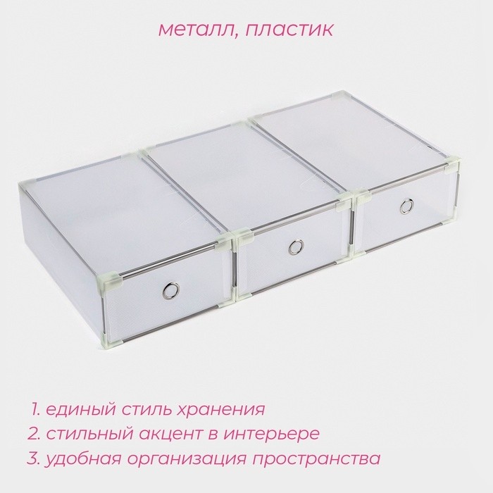 Коробки для обуви Доляна Large size, 3 шт., выдвижная, 21×33.5×12 см, белые