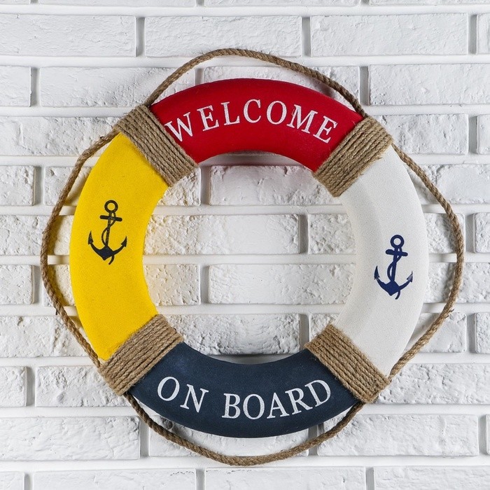 Декор настенный, панно спасательный круг с бечевкой Welcome on board, якори, 7×50×50 см