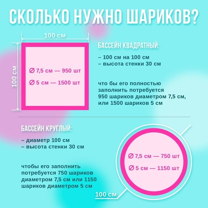 Шарики для сухого бассейна, 100 штук, цвета бирюзовый, маджента, белый перламутр, диаметр шара — 7,5 см