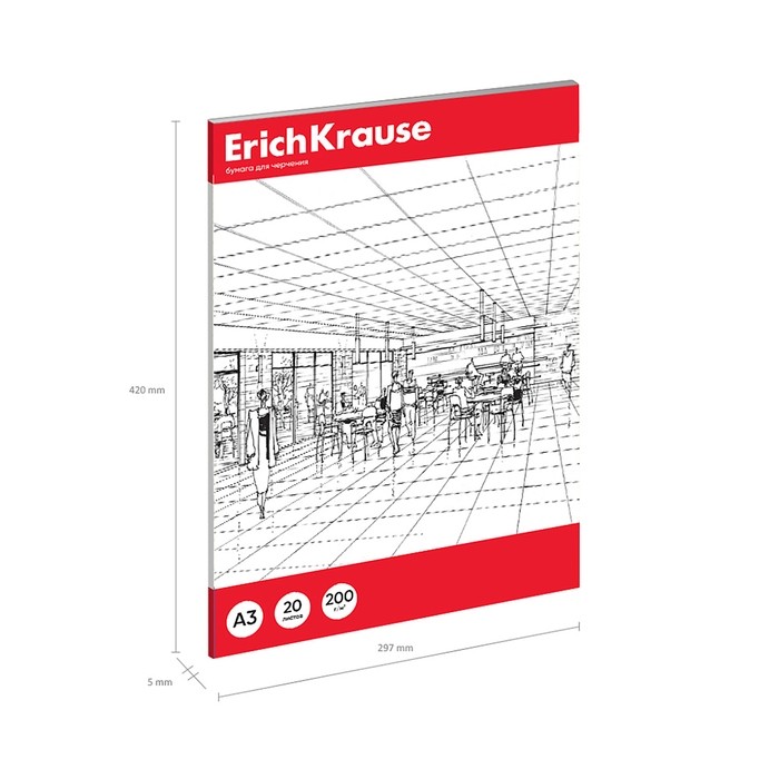 Бумага для черчения А3, 20 листов, блок 200 г/м², ErichKrause, без рамки, в папке