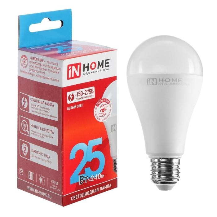Лампа светодиодная IN HOME LED-A65-VC, Е27, 25 Вт, 230 В, 4000 К, 2250 Лм (Цена за 2 шт.)