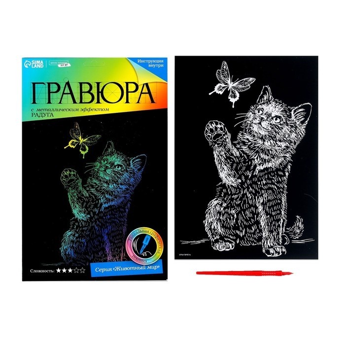 Гравюра «Котёнок с бабочкой» с эффектом голография (Цена за 4 шт.)