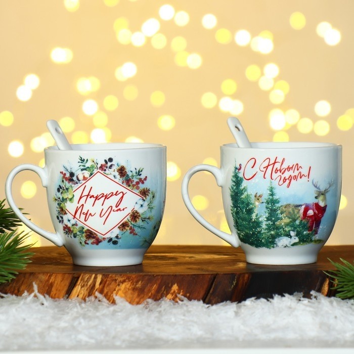Набор из керамики «Happy New year», кружка 180 мл, 2 шт, ложка 2 шт