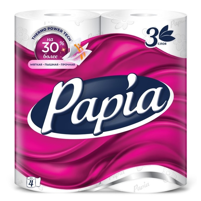 Туалетная бумага Papia, белая, 3 слоя, 4 рулона (Цена за 2 шт.)