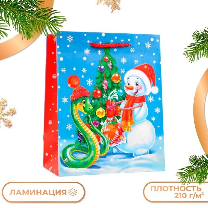 Пакет новогодний подарочный «Змейка и снеговик Символ года», упаковка, 18×22.3×10 см