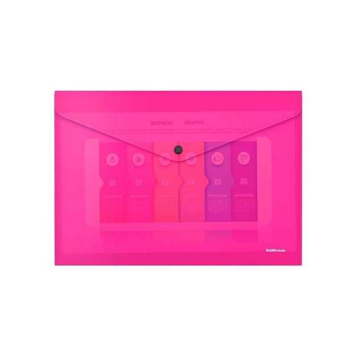 Папка-конверт на кнопке А4, 180 мкм, ErichKrause Glossy Neon, глянцевая, пластиковая, полупрозрачная, микс (Цена за 12 шт.)