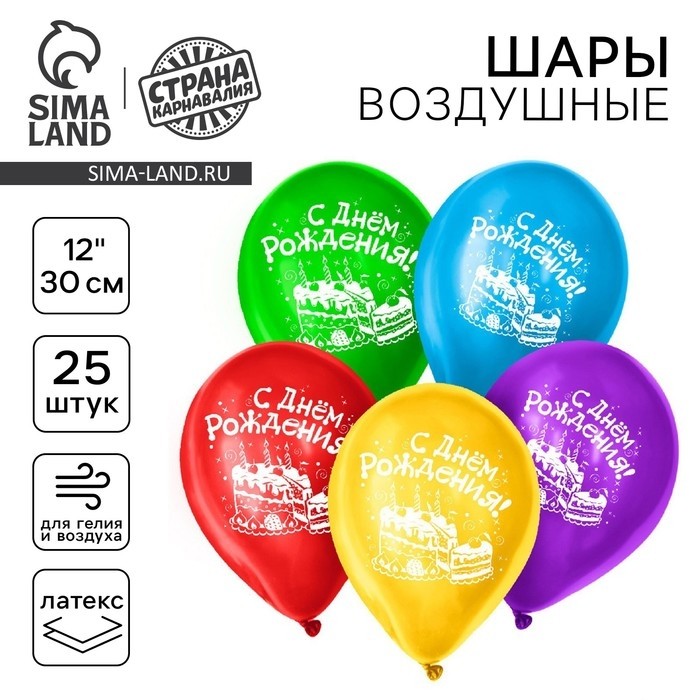 Воздушные шары латексные 12" «С днём рождения», 100 шт., МИКС
